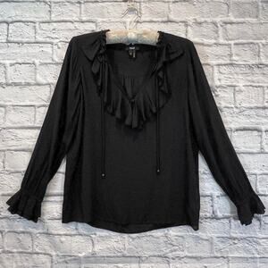 Paige Blouse Black Rayon Top Ruffle V-Neck Cuffs XS lightweight long sleeve A593